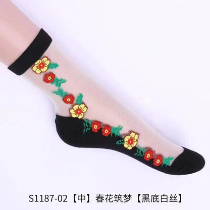 Glass fiber stockings - Children's rose flower sweet anti-slip cotton bottom stockings - Transparent mid-calf women's low-top trendy cotton stockings