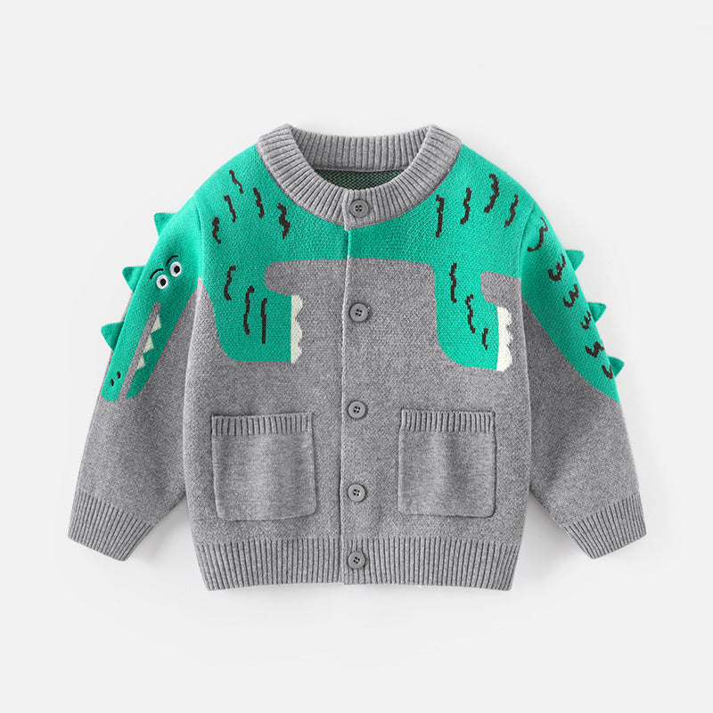 Children's sweater cardigan - Type A knitted sweater in Korean style featuring cartoon dinosaurs on the front, double-layer design, round neck.