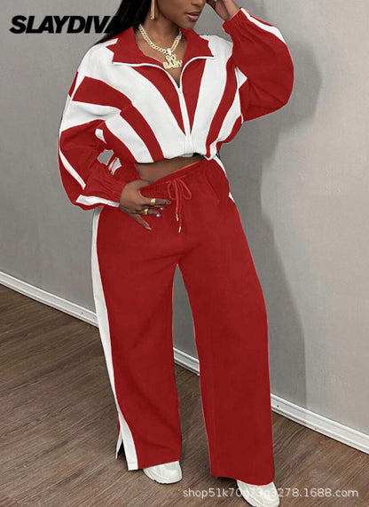 Black and white color-blocked top and wide-leg pants two-piece casual sportswear set, stylish and relaxed.