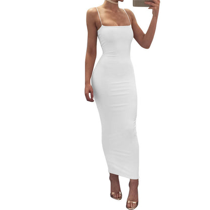 Women's sexy spaghetti strap long dress with backless design and slim fit, perfect for summer.