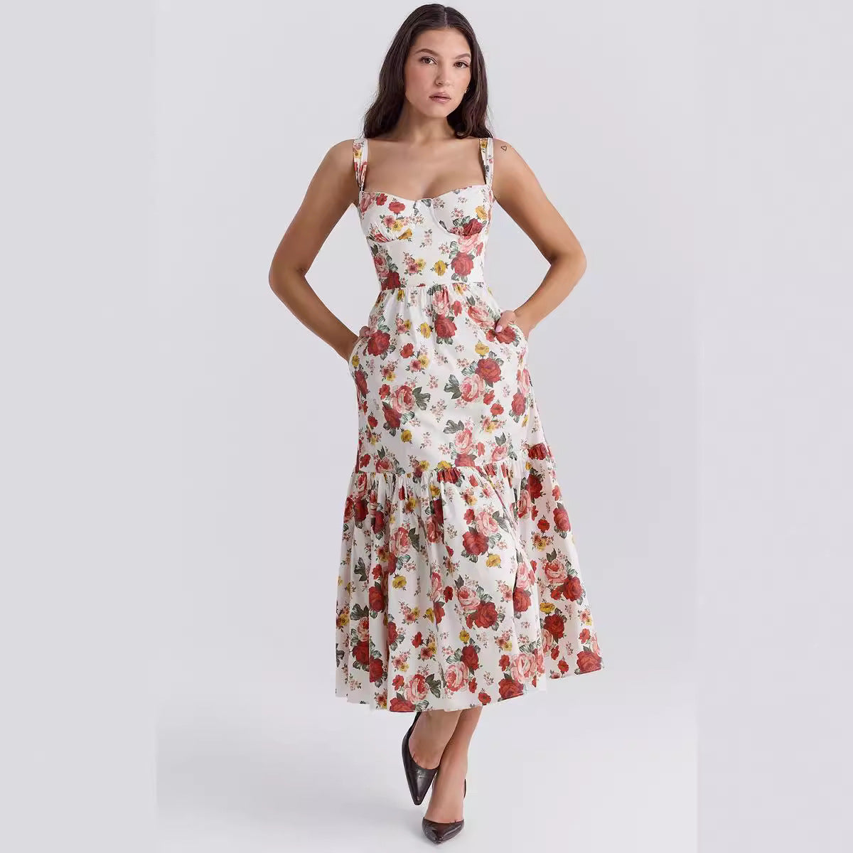 Women's sleeveless bandeau halter top with lace and solid color mid-length spicy style dress with floral pattern cake-shaped A-line skirt