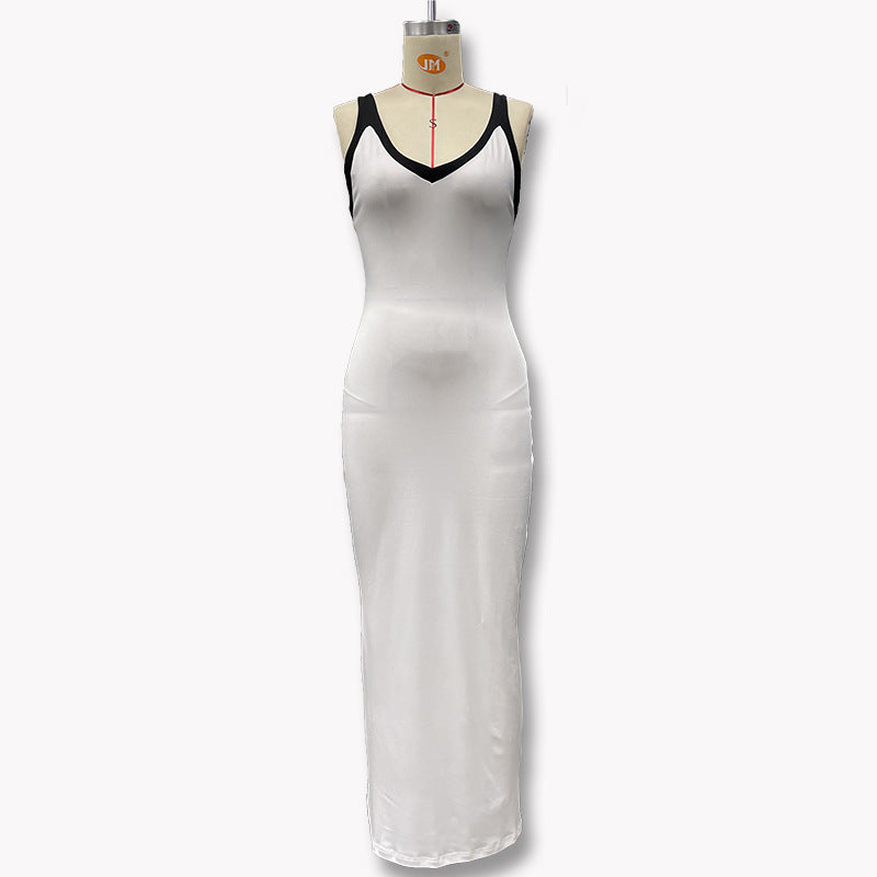 Women's summer V-neck backless fitted midriff-baring halter dress with a flared skirt