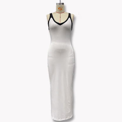 Women's summer V-neck backless fitted midriff-baring halter dress with a flared skirt