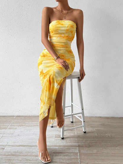 Women's TK net mesh printed dress - Spring/Summer new style, high waist, fitted, slit at the hem, racerback, full skirt