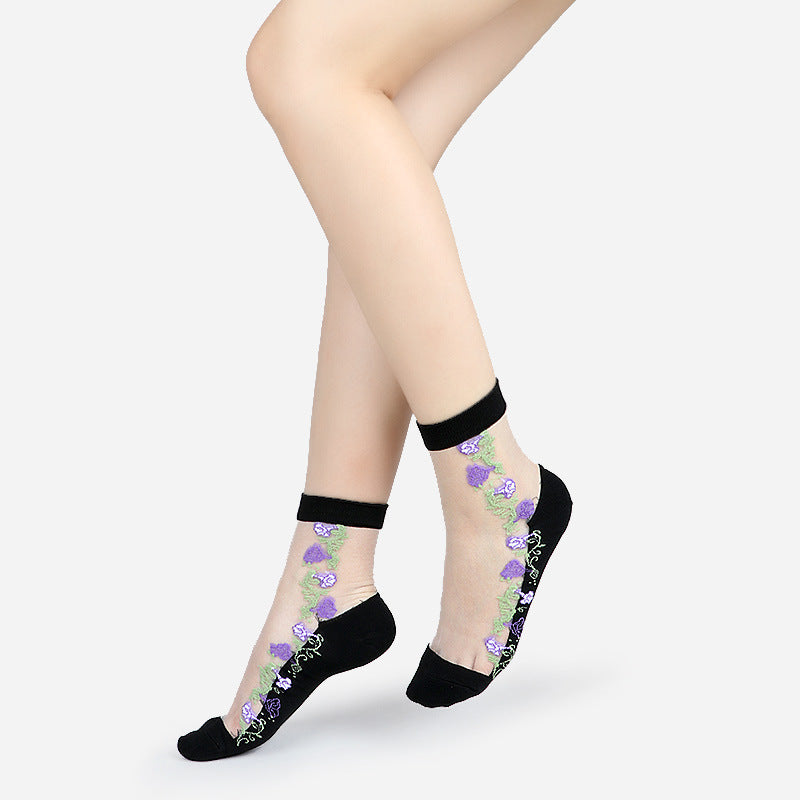 Fashion floral pattern series crystal silk stockings mid-calf women's stockings transparent glass silk with cotton bottom manufacturer