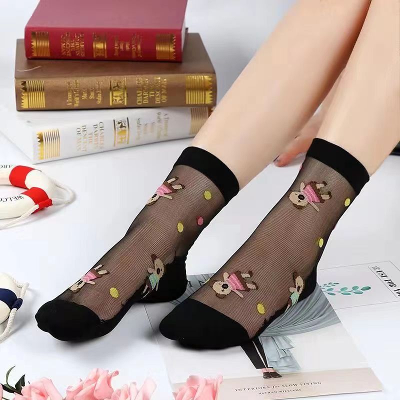 Glass fiber stockings - Children's rose flower sweet anti-slip cotton bottom stockings - Transparent mid-calf women's low-top trendy cotton stockings