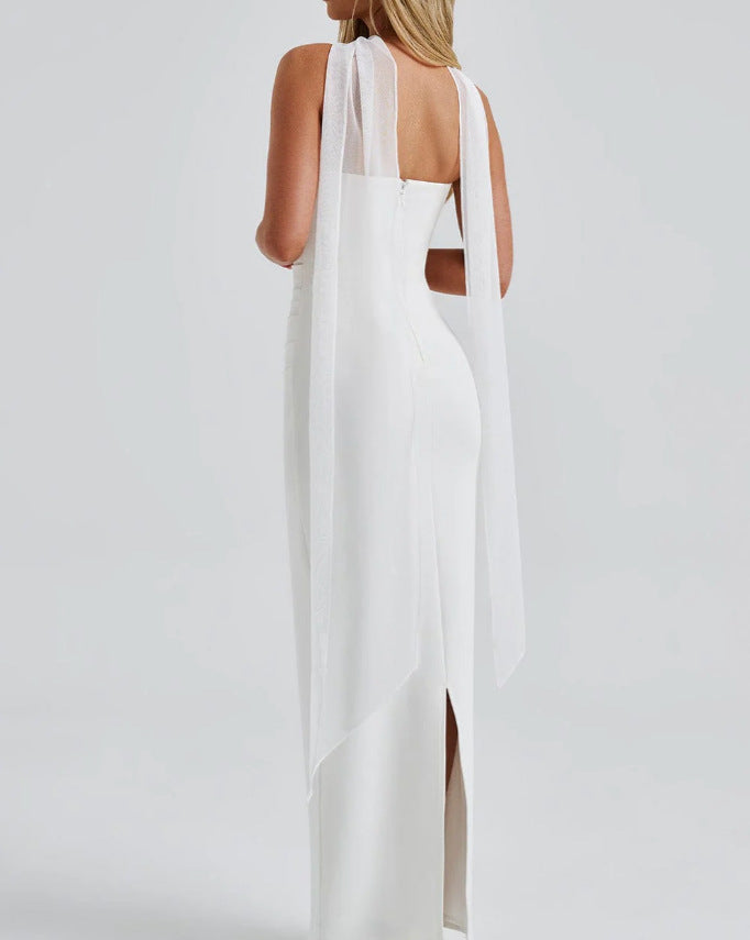 Winter and autumn silk scarf strapless figure-hugging form-fitting women's long dress with a back slit and full skirt