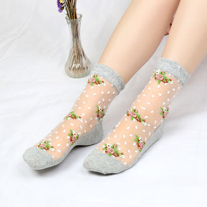 Fashion floral pattern series crystal silk stockings mid-calf women's stockings transparent glass silk with cotton bottom manufacturer