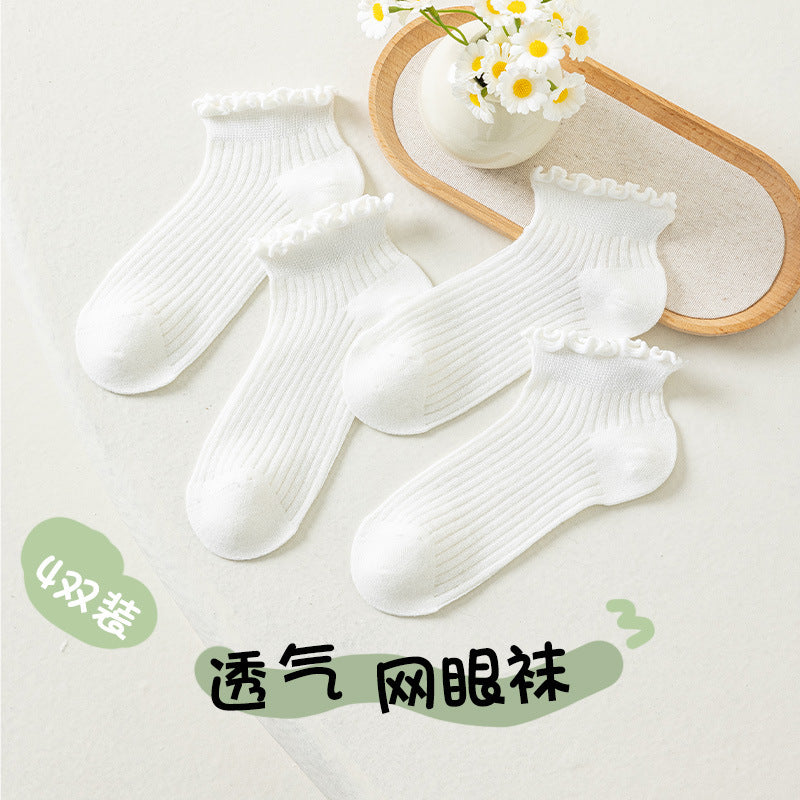 女童袜子春夏薄款木耳边网眼中筒袜小女孩透气纯色花边袜夏天童袜