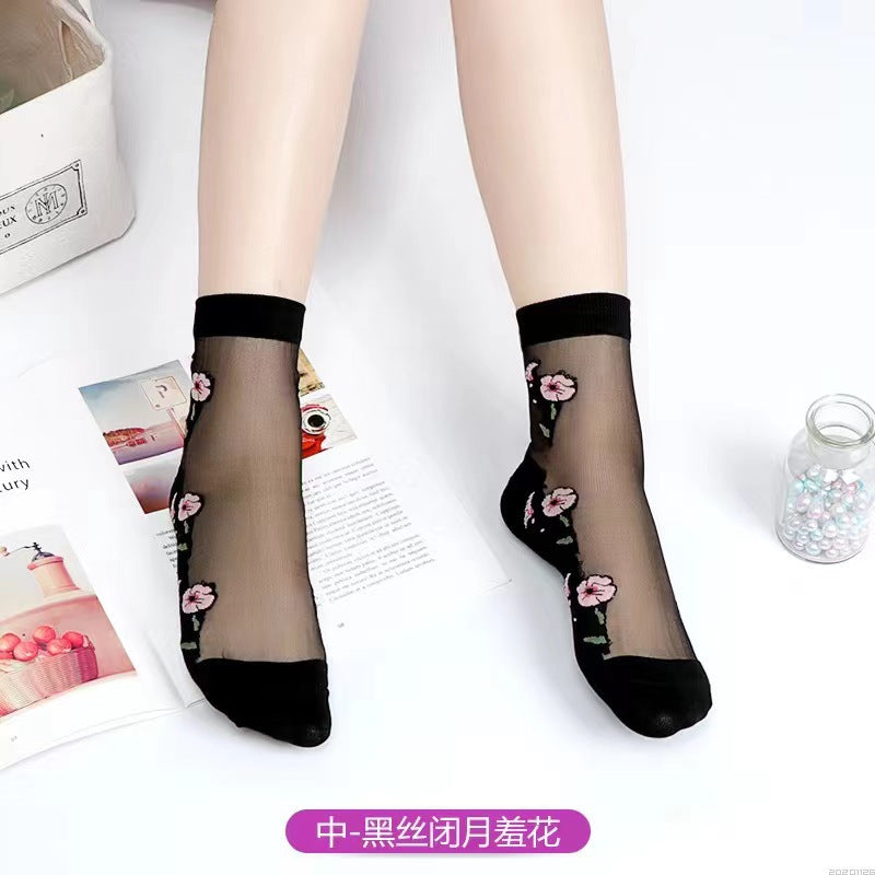 Glass fiber stockings - Children's rose flower sweet anti-slip cotton bottom stockings - Transparent mid-calf women's low-top trendy cotton stockings