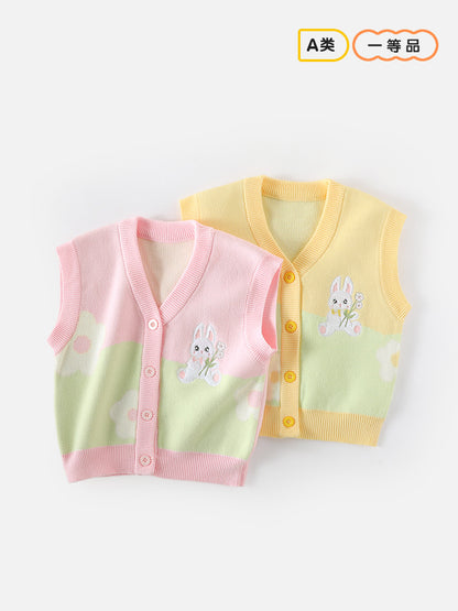 Girls' V-neck blazer made of A-grade cotton, with cartoonish knitted top, suitable for spring and autumn, a warm sweater for girls, girls' coat