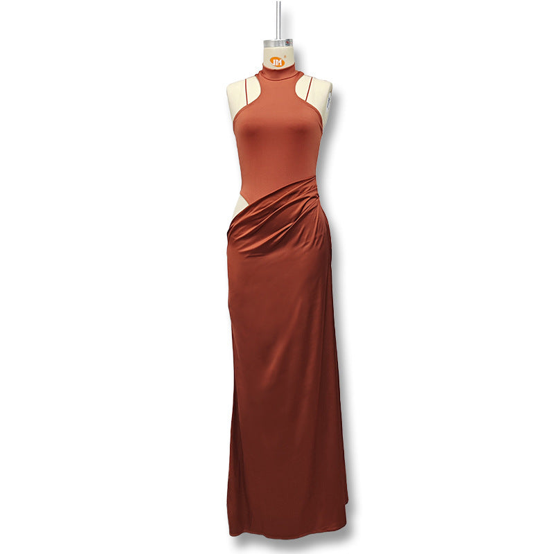 Women's round-neck sleeveless fitted patchwork long dress with fashionable openwork design