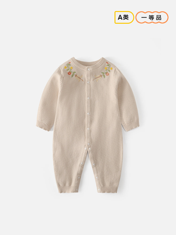 New style baby girl embroidered one-piece dress with flower buttons and round collar sweater for crawling. Spring/autumn newborn knitted one-piece dress.