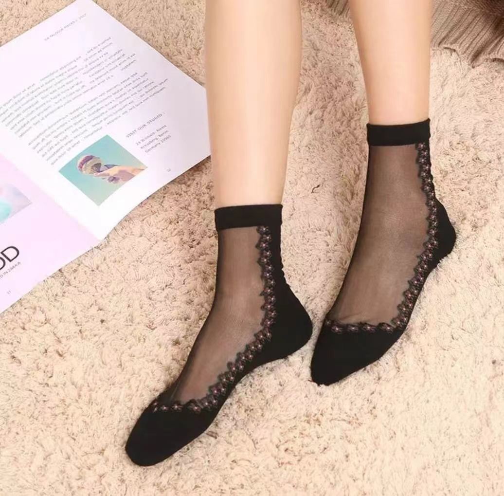 Glass fiber stockings - Children's rose flower sweet anti-slip cotton bottom stockings - Transparent mid-calf women's low-top trendy cotton stockings