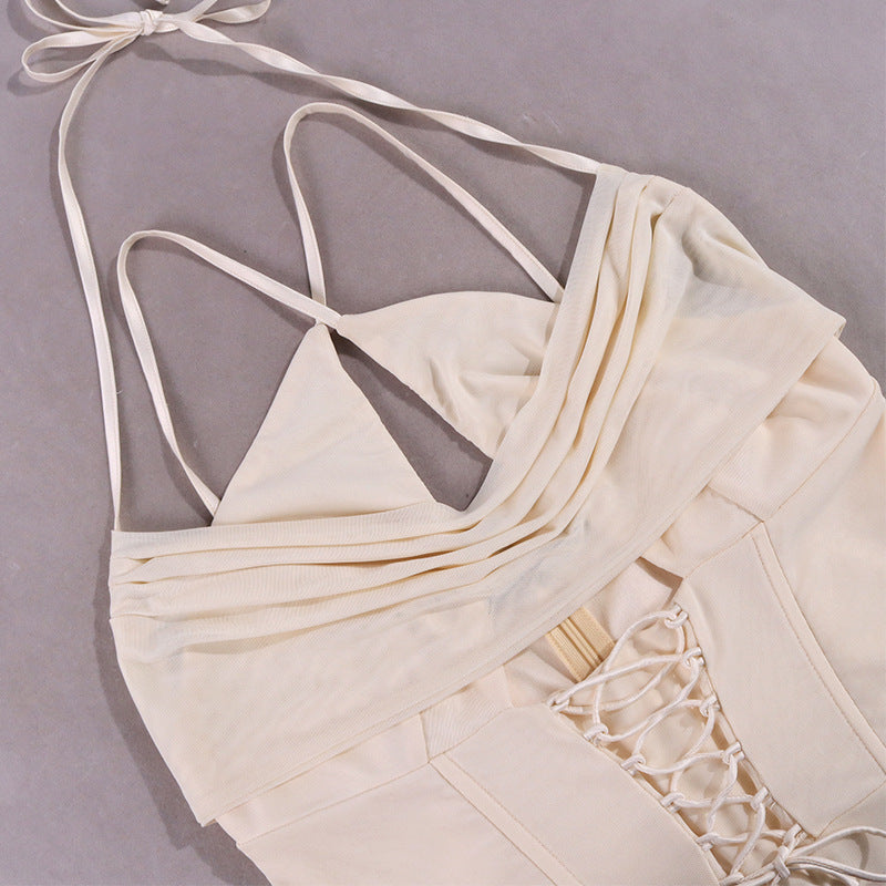 European and American fishbone dress - Crossed stringing and meshed open-back mini halter-neck skirt with pleated details