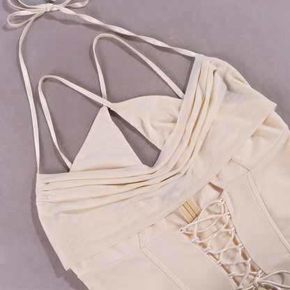 European and American fishbone dress - Crossed stringing and meshed open-back mini halter-neck skirt with pleated details