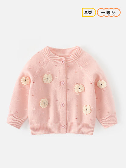 Girls' sweater cardigan princess three-dimensional flower round-neck knitted cotton coat pure color cotton outerwear baby girl A-class sweater
