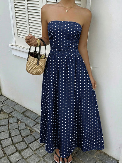French-style elegant polka dot printed dress with sleeveless, plunging neckline and fitted waist for women