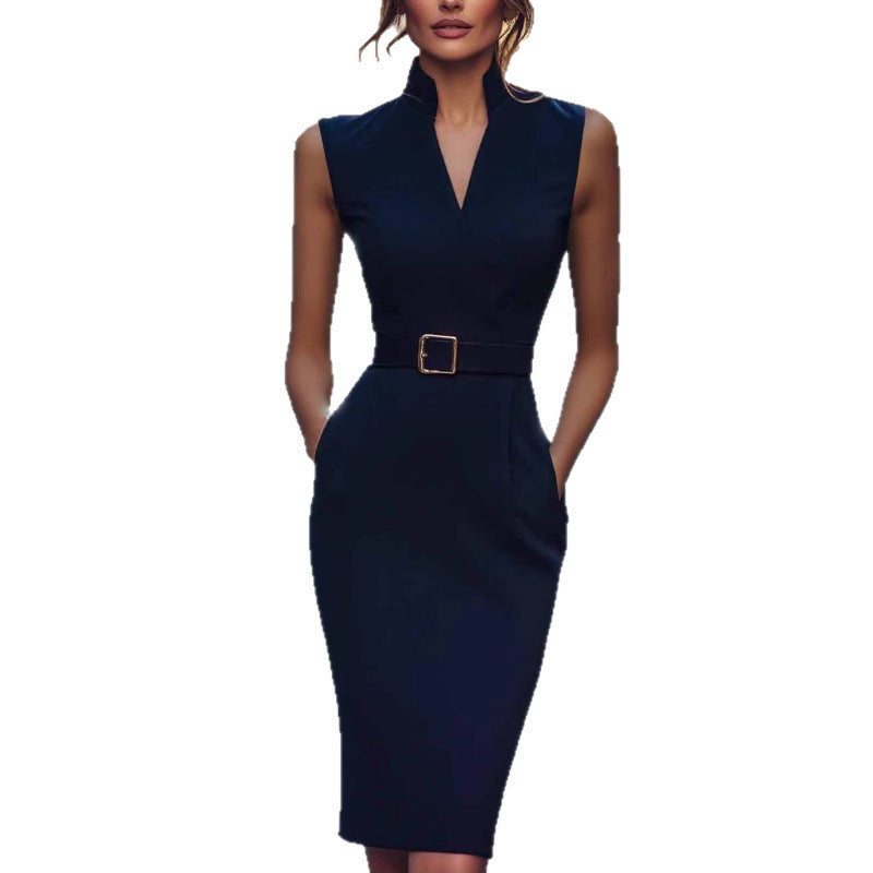 Elegant and casual belted sleeveless pocket dress