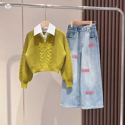 2025 New Style Girls' Autumn/Winter Suit: Stylish Korean Style Casual Knitted Sweater with Fashionable Embroidered Jeans