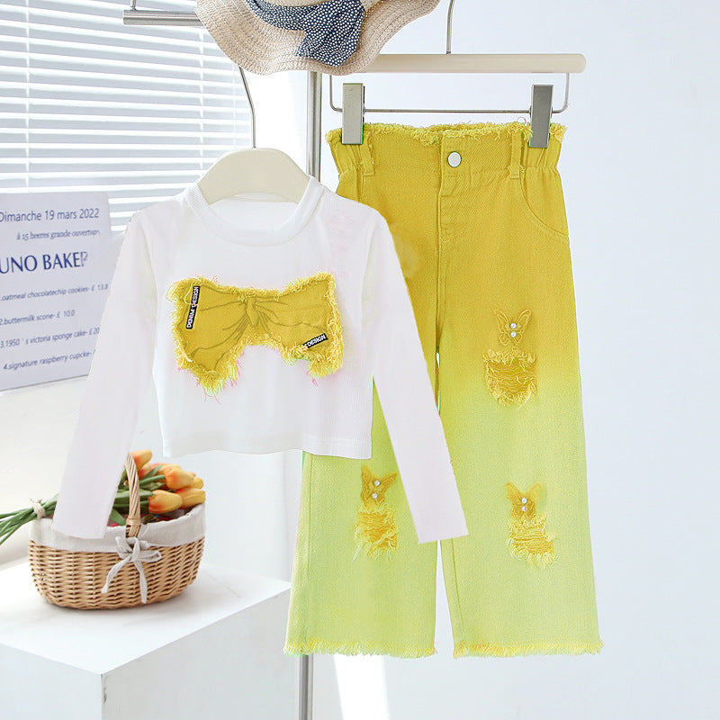 Girls' Summer Set - Two-Piece Set of Sleeveless Hole-Punched Denim Pants for Ages 4-12 - Summer Dress for Girls