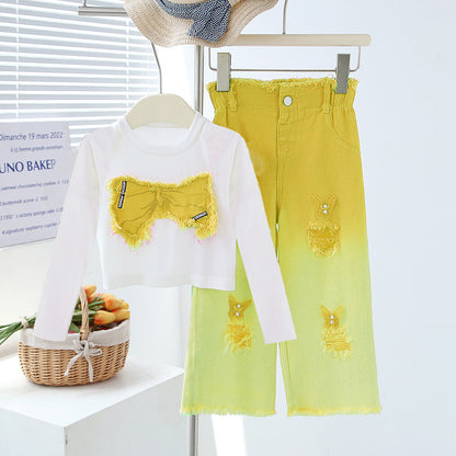 Girls' Summer Set - Two-Piece Set of Sleeveless Hole-Punched Denim Pants for Ages 4-12 - Summer Dress for Girls