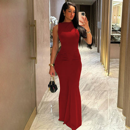 Women's Spring Fashion Style Slim-Fitting Ruffled Solid-color Short-Sleeve Dress