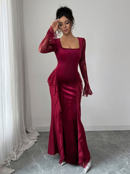 Elegant lace-edged round-neck long dress, women's winter and autumn wear