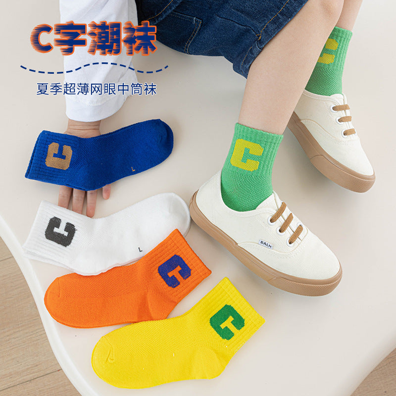 儿童袜子 字母大C男童女童韩版透气网眼运动袜春夏款学生袜运动袜