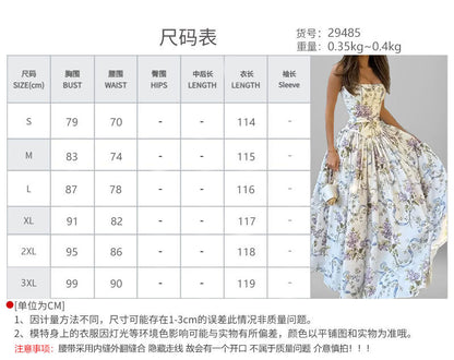 Women's dress: Long dress with elegant print, wide hem, and strapless design.