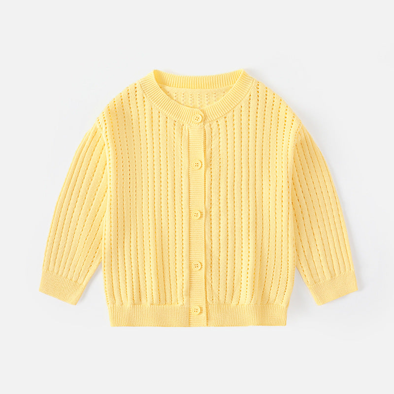 Spring and Summer Baby Lightweight Knitted Cardigan - Air Conditioner Protection Cooling Suit - Class A Cotton Long-Sleeved Children's Solid Color Breathable Round Collar Coat