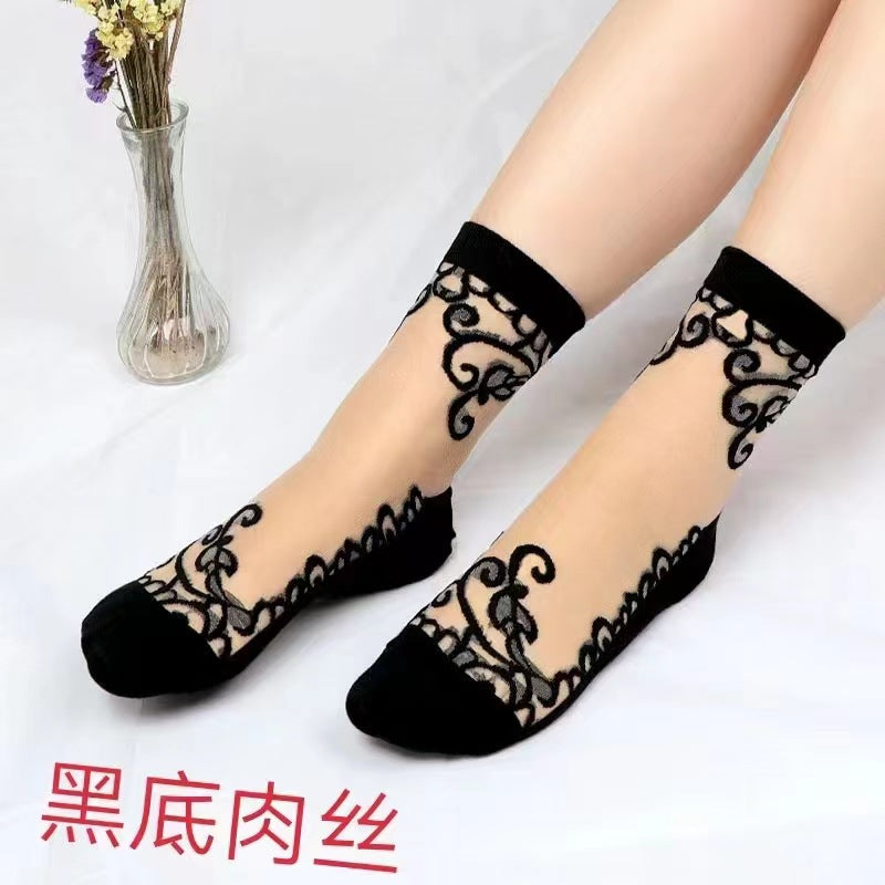 Glass fiber stockings - Children's rose flower sweet anti-slip cotton bottom stockings - Transparent mid-calf women's low-top trendy cotton stockings