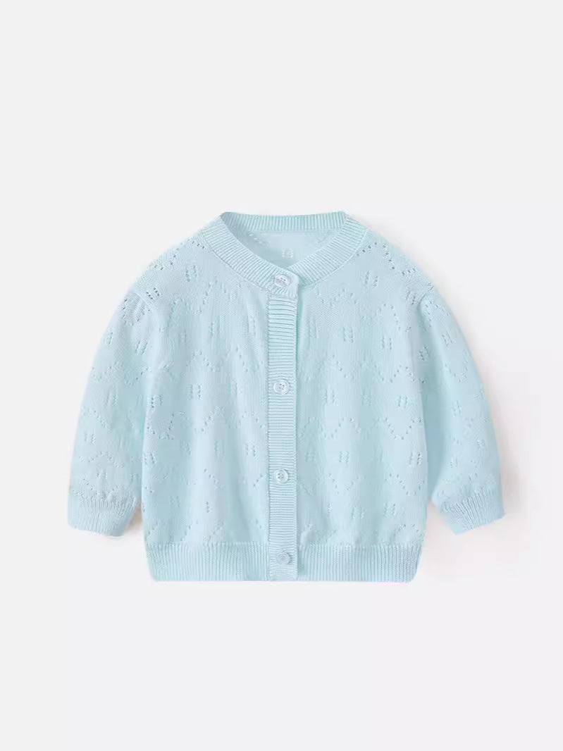 Spring and Summer Baby Lightweight Knitted Cardigan - Air Conditioner Protection Cooling Suit - Class A Cotton Long-Sleeved Children's Solid Color Breathable Round Collar Coat