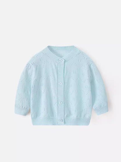 Spring and Summer Baby Lightweight Knitted Cardigan - Air Conditioner Protection Cooling Suit - Class A Cotton Long-Sleeved Children's Solid Color Breathable Round Collar Coat