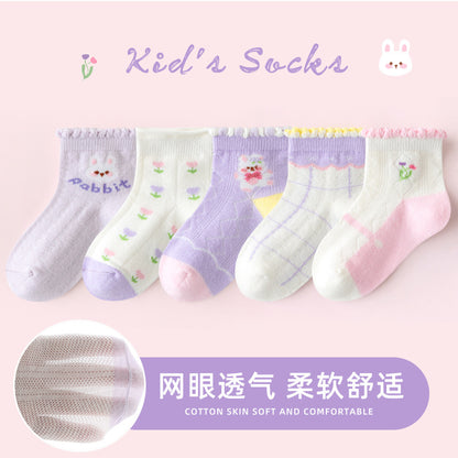 敏榴女童袜子春夏薄款甜美透气网眼儿童袜子中大童棉袜卡通短袜子