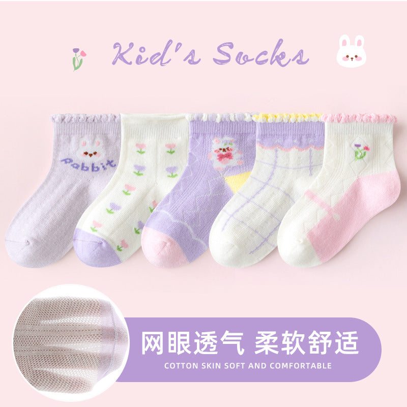 敏榴女童袜子春夏薄款甜美透气网眼儿童袜子中大童棉袜卡通短袜子