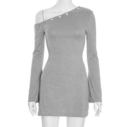 Women's Autumn/Winter Solid Color Slant Collar Openwork Circular Ring Ruffled Long-Sleeved Sleeveless Dress with Shoulder Exposure