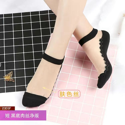 Glass fiber stockings - Children's rose flower sweet anti-slip cotton bottom stockings - Transparent mid-calf women's low-top trendy cotton stockings