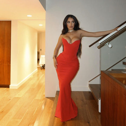 Summer Women's Clothing - Fashionable, Elegant and Sexy Fishbone-Sewn Strapless Fishtail Dress for Women