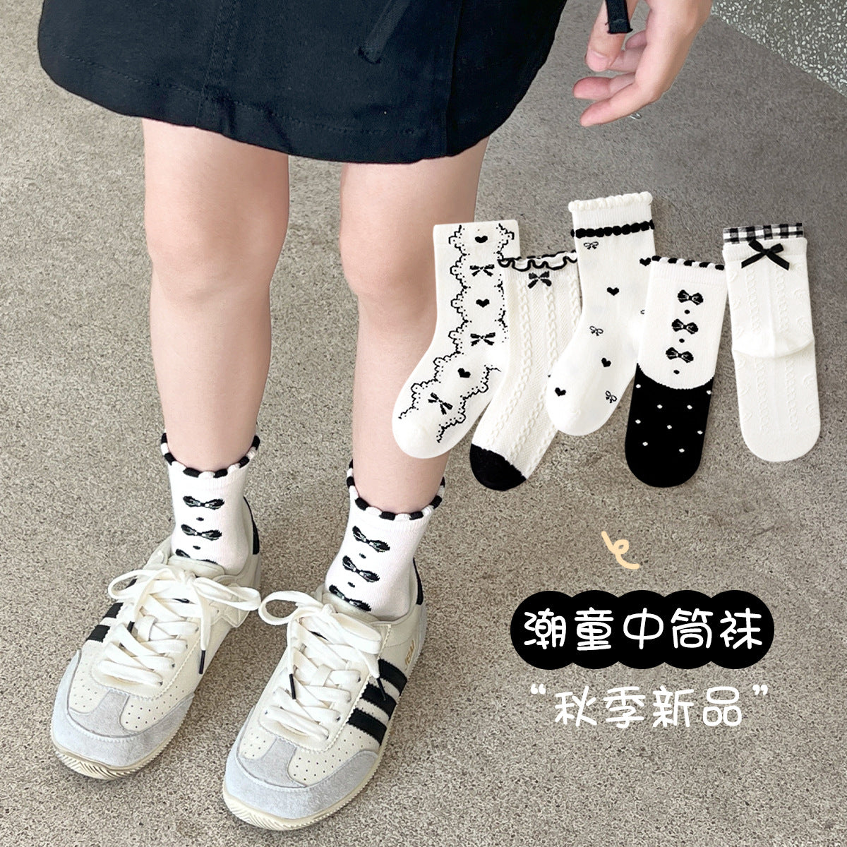 新款女童袜子春秋森系藏青碎花中筒袜日系花边蝴蝶结公主袜儿童袜