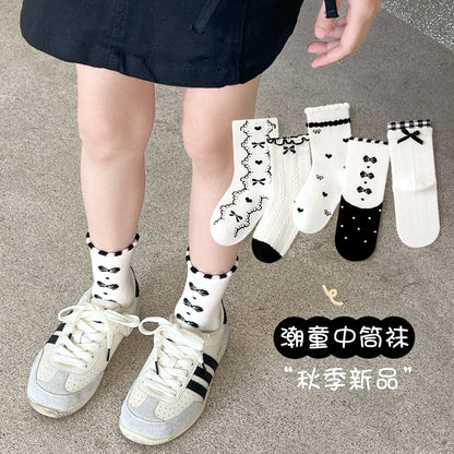 新款女童袜子春秋森系藏青碎花中筒袜日系花边蝴蝶结公主袜儿童袜