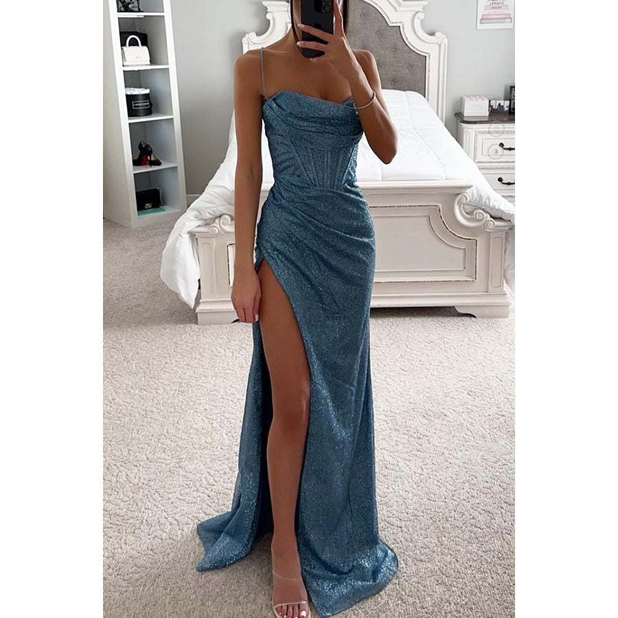 Long dress party fashion halter top dress loose and casual slit women's dress