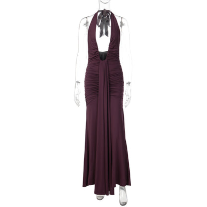 Sexy cut-out V-neck backless fitted pleated spliced strap-neckline dress for women
