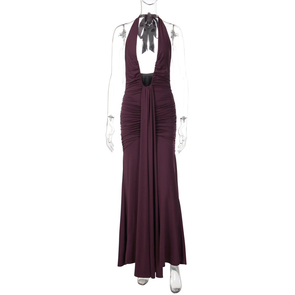 Sexy cut-out V-neck backless fitted pleated spliced strap-neckline dress for women
