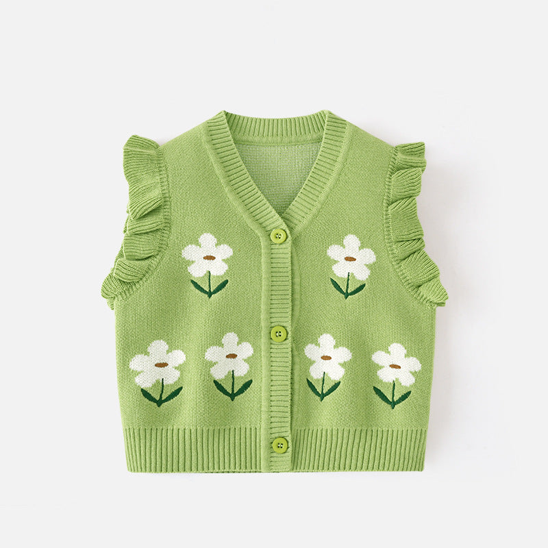 Girls' V-neck blazer made of A-grade cotton, with cartoonish knitted top, suitable for spring and autumn, a warm sweater for girls, girls' coat