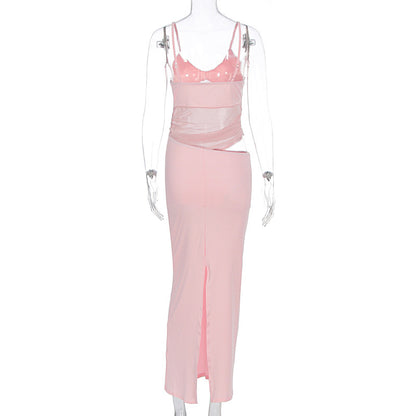 Summer new style net fabric beach vacation long dress with elastic waist and figure-hugging women's sexy halter top dress