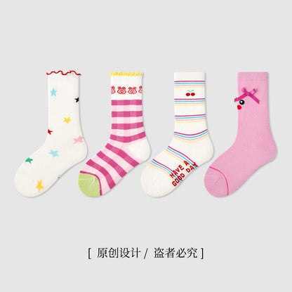 ZYZ女童袜子24春季无骨中筒棉袜双罗口花边条纹儿童袜子新款批发