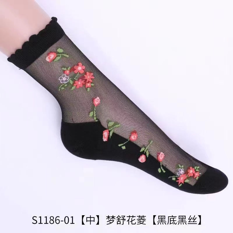 Glass fiber stockings - Children's rose flower sweet anti-slip cotton bottom stockings - Transparent mid-calf women's low-top trendy cotton stockings
