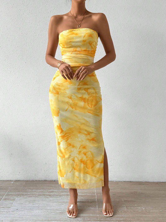 Women's TK net mesh printed dress - Spring/Summer new style, high waist, fitted, slit at the hem, racerback, full skirt