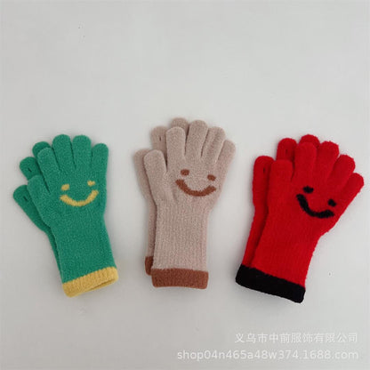 冬季儿童可触屏长款笑脸拼色五指针织手套男女童宝宝保暖分指手套